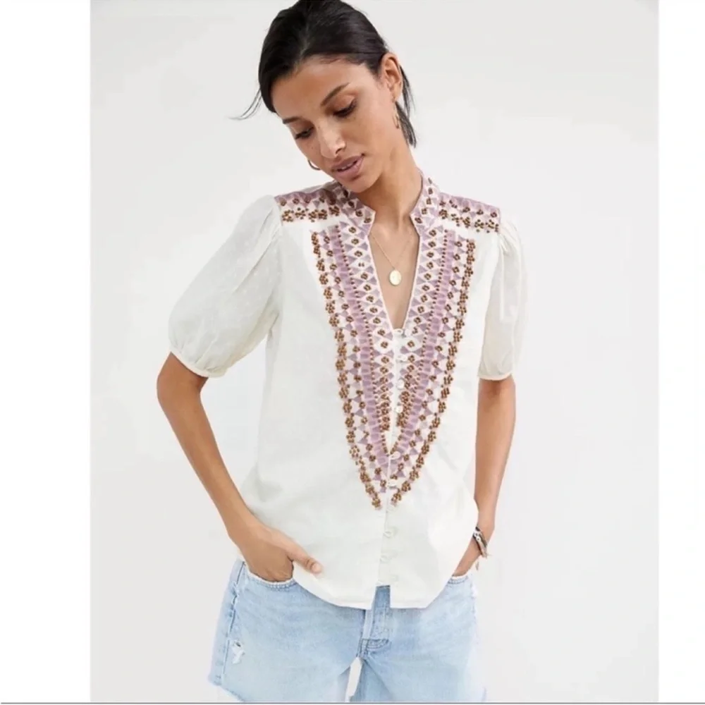 Anthropologie Ivory Embroidered Beaded Peasant Blouse Petite 10 Boho Puff Sleeve